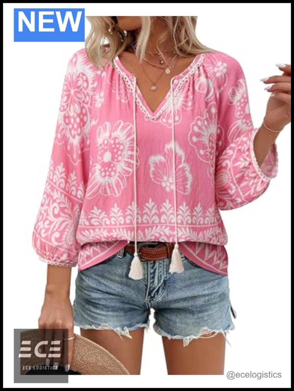 Boho Floral Peasant Blouse 3/4 Lantern Sleeve V-Neck Tie Front